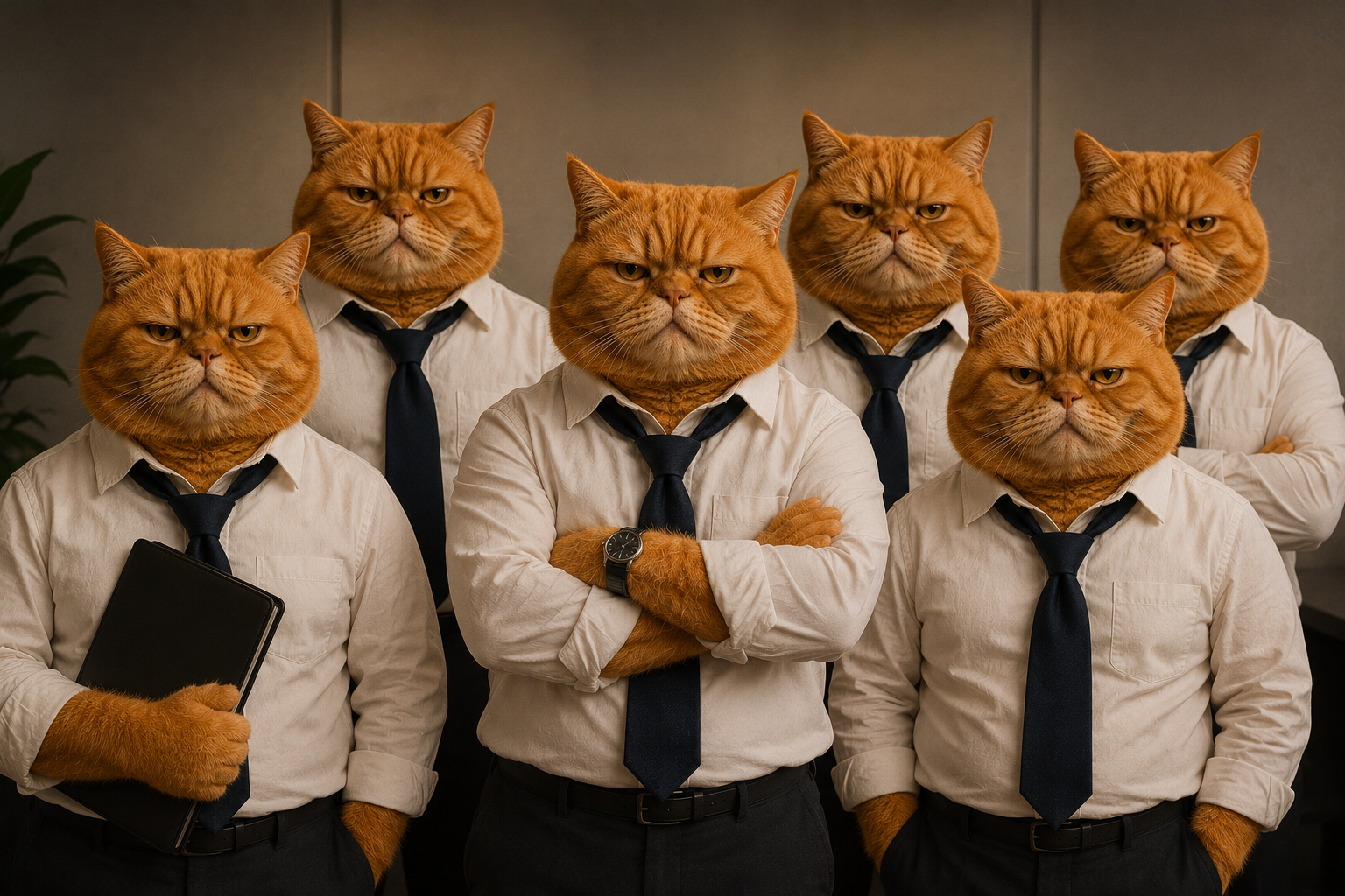 Six identical orange cats in white shirts and navy ties — the entire Head Office workforce